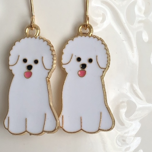 New Fluffy Puppy Dog Dangling Enamel Handmade Earrings White Poodle Terrier Gift - Picture 2 of 5